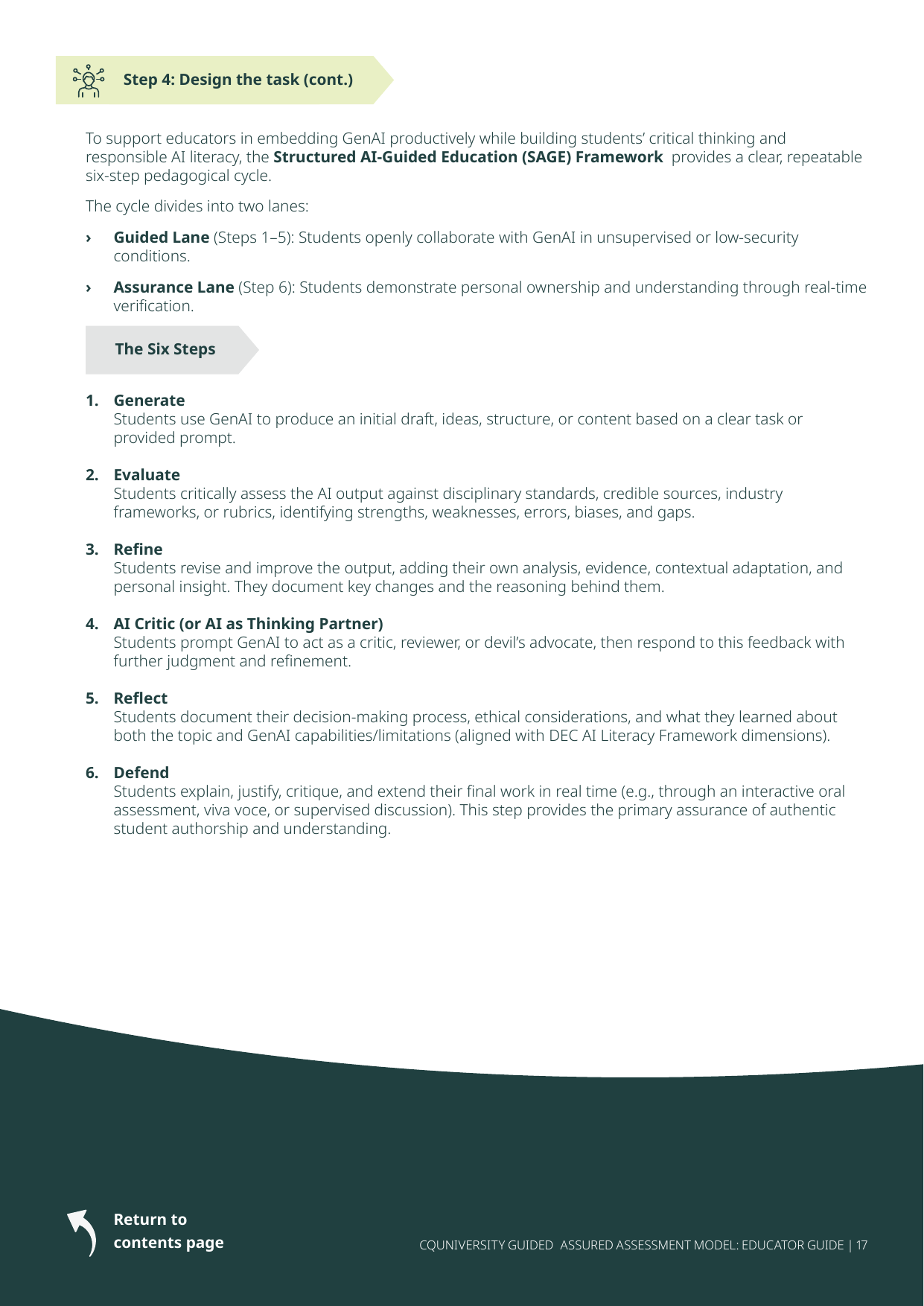 Preview of the six-step SAGE cycle on page 17 of the CQUniversity Educator Guide